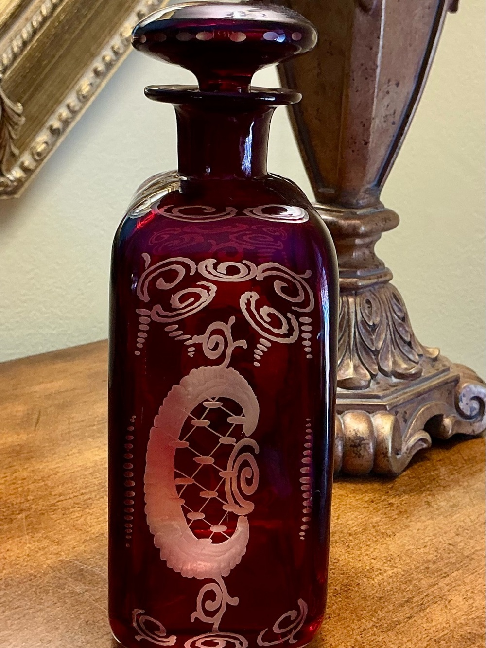 Bohemian Egermann Ruby Red Cut to Clear Glass Decanter with Stopper - Picture 2 of 8